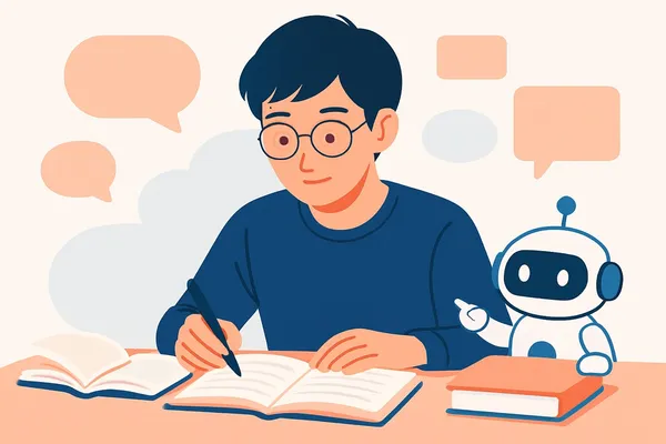 SPIの言語（国語）分野の問題に取り組む就活生と、語彙や読解をサポートするAIロボットのイラスト