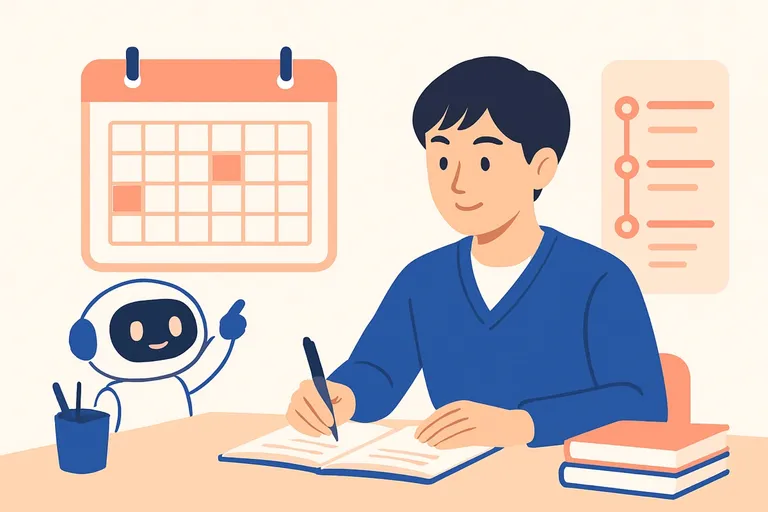 カレンダーと学習計画を前にSPI対策のスケジュールを立てる就活生と、隣で伴走するAIロボットのイラスト