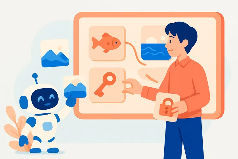 関係のある絵カードのペアを線でつないで二語の関係を整理する就活生と、ヒントを出すAIロボットのイラスト