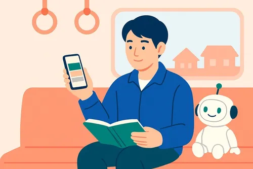 通勤電車でスマホの問題演習と本を使い分けて宅建の勉強をする社会人と、隣でほほえむAIロボットのイラスト