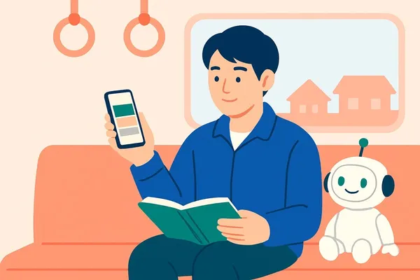 通勤電車でスマホの問題演習と本を使い分けて宅建の勉強をする社会人と、隣でほほえむAIロボットのイラスト