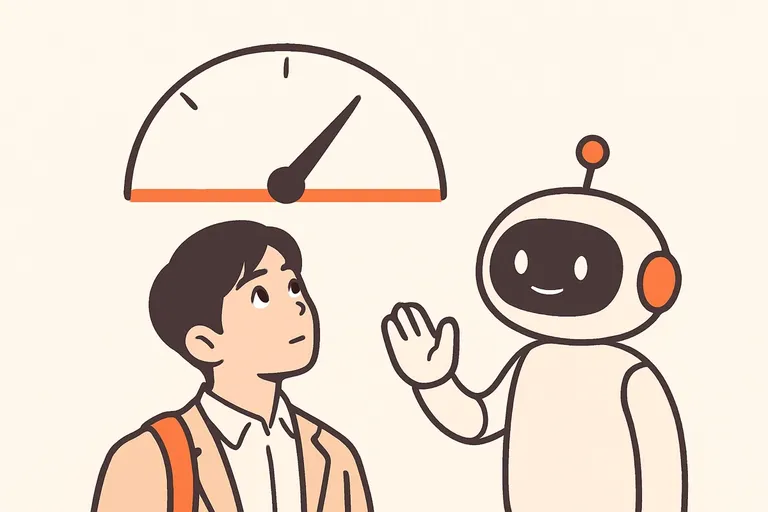 玉手箱のボーダーラインのグラフを見ながら考え込む就活生に、データは非公開だと優しく説明するオレンジ色のAIロボットのイラスト
