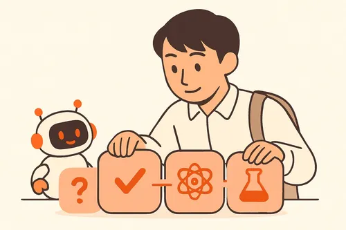 玉手箱・C-GAB・GABの3枚の名札を見比べて違いを整理する就活生と、案内するオレンジ色のAIロボットのイラスト