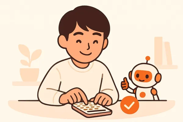 自宅のPCで電卓を片手に玉手箱を解く就活生と、電卓の使い方を案内するオレンジ色のAIロボットのイラスト