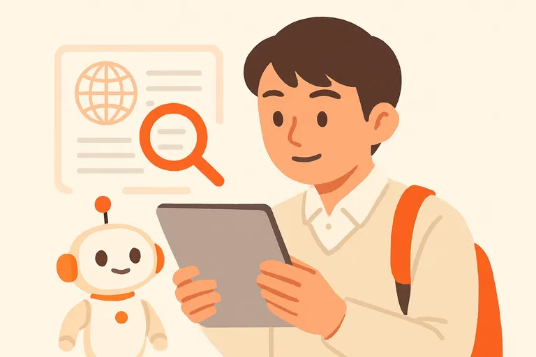 英語の長文を読みながら「正しい・間違い・判断できない」の3択カードを素早く仕分けする就活生と、ストップウォッチを手に速読をうながすオレンジ色のAIロボットのイラスト