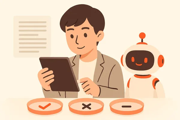 長文を読みながら「正しい・間違い・判断できない」の3択カードを仕分けする就活生と、本文を指し示すオレンジ色のAIロボットのイラスト
