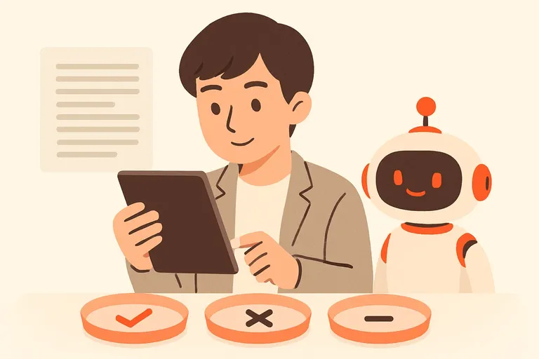 長文を読みながら「正しい・間違い・判断できない」の3択カードを仕分けする就活生と、本文を指し示すオレンジ色のAIロボットのイラスト
