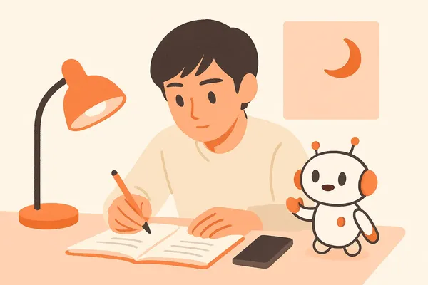 玉手箱の試験前日、計数の同じ形式をタイマーで高速反復して型を固める就活生と、隣で落ち着いて伴走するオレンジ色のAIロボットのイラスト
