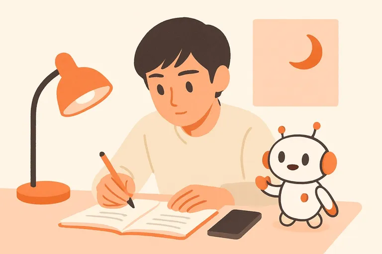 玉手箱の試験前日、計数の同じ形式をタイマーで高速反復して型を固める就活生と、隣で落ち着いて伴走するオレンジ色のAIロボットのイラスト