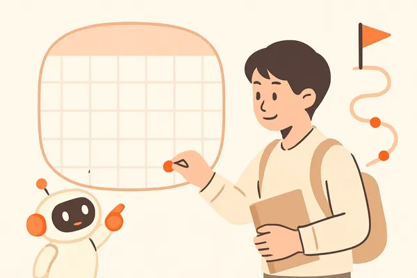 カレンダーで玉手箱の試験までの残り日数を確認しながら計数の反復計画を立てる就活生と、隣で道案内するオレンジ色のAIロボットのイラスト