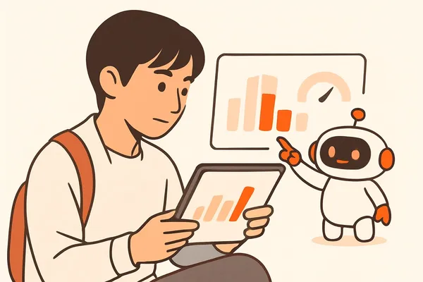 玉手箱の本番形式の腕試しでストップウォッチを見ながら問題を解き、形式別の弱点を確認する就活生と、結果を整理して見せるオレンジ色のAIロボットのイラスト