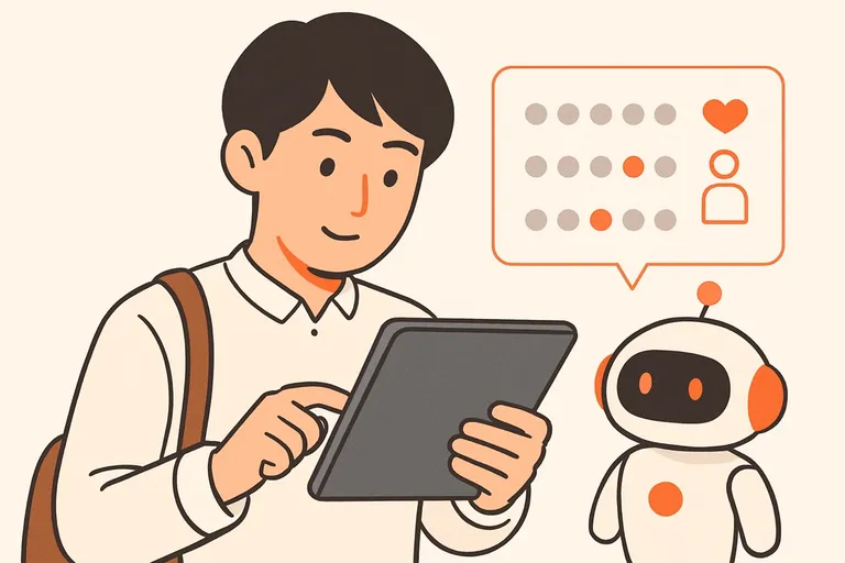 玉手箱の性格検査に落ち着いて正直に回答する就活生と、自己理解をサポートするオレンジ色のAIロボットのイラスト