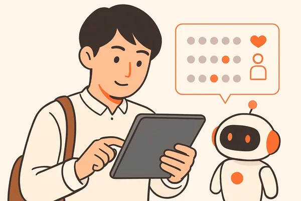 玉手箱の性格検査に落ち着いて正直に回答する就活生と、自己理解をサポートするオレンジ色のAIロボットのイラスト