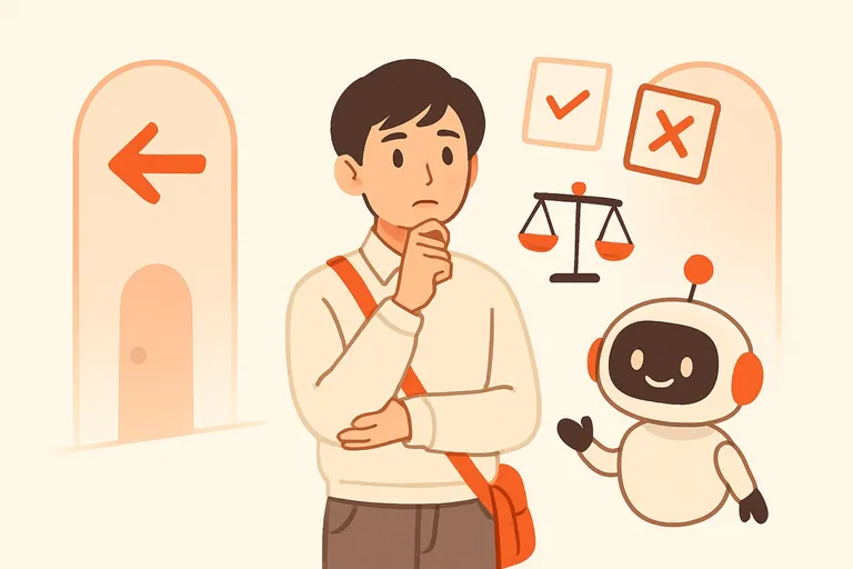 玉手箱とSPIの違いを天秤や比較表で見比べる就活生と、案内するオレンジ色のAIロボットのイラスト